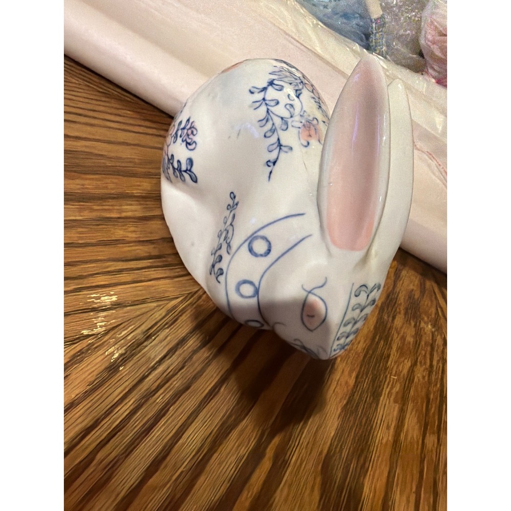Vintage Blue and Pink Floral Ceramic Rabbit Figurine Chinoiserie Easter Bunny
